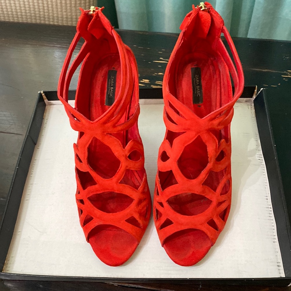 Red suede peep toe
